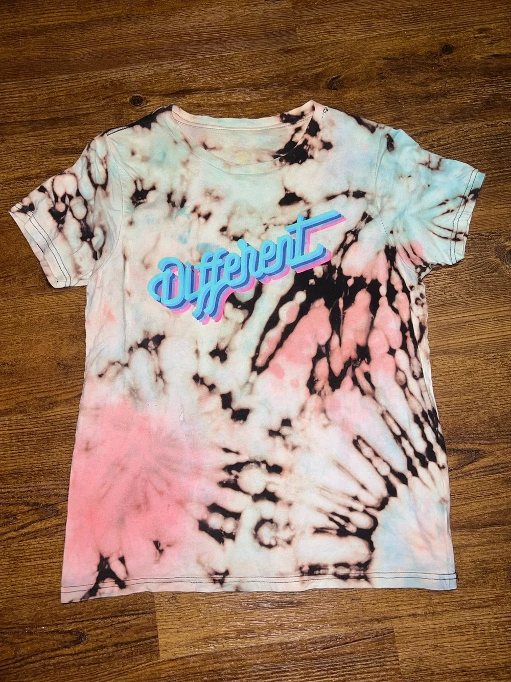 Kids Tie-Dye Retro “Different” Short Sleeve Tee- Pink, Black & Blue Size L/XL